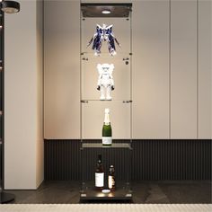 a wine rack with bottles in it and a robot hanging from the wall next to it