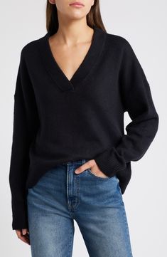 An oversized fit feels so right and relaxed in this V-neck sweater knit from cotton-blend yarn. V-neck Long sleeves Dropped shoulders Ribbed cuffs and hem 56% cotton, 19% acrylic, 18% polyester, 5% nylon, 2% spandex Hand wash, dry flat Imported Winter Relaxed Fit V-neck Sweater, Oversized V-neck Sweater With Ribbed Cuffs For Layering, Black V-neck Sweater With Ribbed Cuffs For Fall, Classic Fall V-neck Sweater For Loungewear, Oversized V-neck Sweater For Fall, Oversized V-neck Sweater With Ribbed Cuffs, Oversized Cozy V-neck Sweater With Ribbed Cuffs, Classic Oversized V-neck Top, Knit V-neck Sweater With Ribbed Cuffs