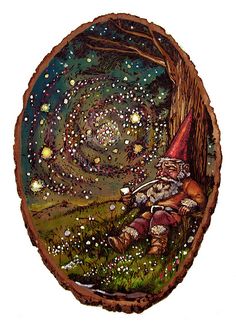 an image of a gnome sitting in the woods with stars coming out of his eyes