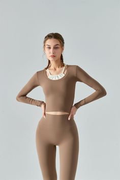 81% Nylon. 19% Spandex Soft. comfortable. skin friendly 4-way stretch. breathable and sweat-wicking Perfect for both sports activities and daily life Versatile Brown Yoga Activewear, Brown Seamless Stretch Activewear, Brown Athleisure Activewear For Training, Sporty Brown Activewear For Training, Brown Seamless Athleisure Activewear, Compression Seamless Activewear For Light Sports, Sporty Seamless Brown Activewear, Breathable Long Sleeve Activewear In Recycled Polyester, Compression Activewear For Light Sports With Seamless Construction