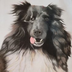 a drawing of a black and white dog with his tongue out