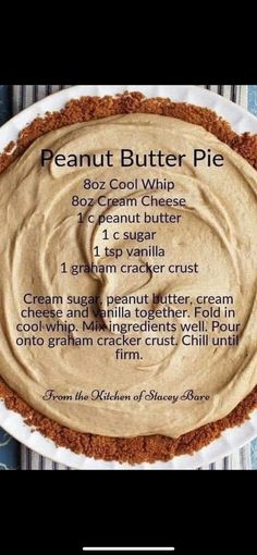 a peanut butter pie on a plate with instructions to make it in the oven and then baked