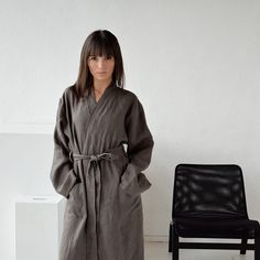 "Weathered wood linen women's morning bath robe/kimono. Choose size: XS Bust 82 - 84 cm. ( 32 1/4\" - 33\") Waist 66 - 68 cm. / (26\" - 26 3/4\") Hips 90 - 92 cm. / (35 1/2\" - 36 1/4\") S Bust 86 - 88 cm. ( 33 3/4\" - 34 3/4\") Waist 70 - 72 cm. / (27 3/4\" - 28 1/4\") Hips 94 - 96 cm. / (37\" - 37 3/4\") M Bust 90 - 92 cm. ( 35 1/2\" - 36 1/4\") Waist 74 - 76cm. / (29 1/4\" - 30\") Hips 98 - 100 cm. / (38 1/2\" - 39 1/4\") L Bust 94 - 96 cm. ( 37\" - 37 3/4\") Waist 78 - 80 cm. / (30 3/4\" - 3 Long Sleeve Linen Kimono For Loungewear, Relaxed Fit Linen Sleep Robe, Relaxed Fit Linen Robe For Loungewear, Linen Long Sleeve Robe For Daywear, Long Sleeve Linen Robe For Daywear, Oversized Linen Robe For Loungewear, Relaxed Fit Linen Robe For Home, Relaxed Fit Linen Robe For Daywear, Relaxed Fit Linen Dress For Loungewear