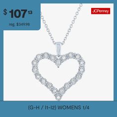 Features: Adjustable, Quick Ship, In A Gift BoxDiamond Clarity: I1-I2Jewelry Closure: Spring Ring ClaspSetting: NickShape: HeartStone Cut: RoundDiamond Color: G-HMetal Color: WhiteChain Length: 18 InchPendant Length: 25mmPendant Width: 22mmRounded Carat Weight: 1/4 Ct. T.w.Chain Construction: BoxCare: Wipe CleanStone Type: 20 Lab Grown DiamondAuthenticity: Lab Grown DiamondBirthstone: April BirthstoneMetal: Sterling SilverNecklace Type: Pendant NecklacesCountry of Origin: Imported Open Heart Necklace For Anniversary, Heart Pendant Necklace For Anniversary Gift, White Heart Necklace For Anniversary, Sterling Silver Heart Pendant, Silver Heart Pendant, Sterling Silver Heart, Heart Pendant Necklace, Silver Heart, Spring Rings