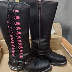 Bnib Milwaukee Biker Boots Knee High Pink Leather Moto Boots With Round Toe, Pink High-top Leather Boots, Pink Knee-high Leather Boots, Boots Knee High, Biker Boots, Boots Knee, Milwaukee, Knee High Boots, Pink Black