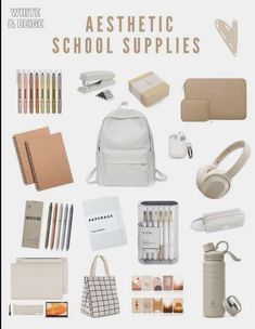 an assortment of school supplies arranged on a white background