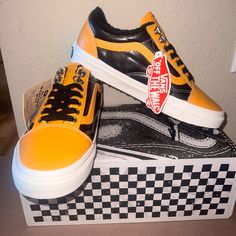 Brand New Authentic Vans With Box And Stickers Attached Same Day Shipping 100% Original Yellow Casual Sneakers With Rubber Toe Cap, Casual Yellow Sneakers With Rubber Toe Cap, Yellow High-top Sneakers With Rubber Toe Cap, Sporty Yellow Sneakers, Yellow Low-top Sneakers With Rubber Toe Cap, Retro Yellow Sneakers For Skateboarding, Yellow Retro Sneakers For Skateboarding, Yellow Leather Skate Shoes With Laces, Retro Yellow Skate Shoes For Sports