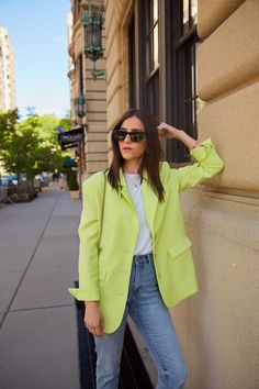 Neon Green Jacket Outfit, Neon Green Blazer Outfit, Neon Blazer Outfit, Green Neon Outfit, Lime Green Blazer Outfit, Lime Green Blazer, Green Blazer Outfit, Green Top Outfit, Green Jacket Outfit