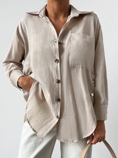 Solid Button Front Pocket Patched Shirt Apricot Casual  Long Sleeve Fabric Plain Shirt Non-Stretch  Women Clothing, size features are:Bust: ,Length: ,Sleeve Length: Khaki Long Sleeve Tops With Buttoned Pockets, Beige Long Sleeve Shirt With Button Cuffs, Everyday Khaki Shirt With Buttons, Everyday Khaki Shirt, Summer Long Sleeve Shirt With Covered Buttons, Beige Long Sleeve Top With Buttons, Everyday Beige Shirt With Buttons, Oversized Button-up Blouse, Khaki Button-up Tops With Buttoned Pockets