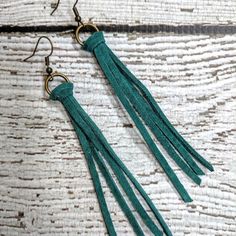 Artisan Turquoise Genuine Leather Fringed Earrings Antique Brass Details Approx 3 1/2" Long Handcrafted In My Pacific Northwest Home Studio Comes New In Box Add To Bundle And Save On Shipping Fringed Earrings, Leather Cord Jewelry, Bead Projects, Cord Jewelry, Earrings Antique, Turquoise Leather, Homemade Jewelry, Antique Earrings, Leather Fringe