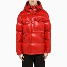 Red quilted nylon down jacket from 7 Moncler Frgmt Hiroshi Fujiwara featuring an asymmetrical front fastening, three front pockets, a logo patch on the sleeve and a removable hood. Composition: Fabric I: 100% Polyamide / Padding: 90% Down - 10% Feather | Moncler Genius Men's Anthemium Red Nylon Down Jacket | FW22/23 Hiroshi Fujiwara, Moncler Genius, Down Puffer Jacket, Moncler Jacket, Leather Trainers, Walker Boots, Red Shorts, Field Jacket, Fit N Flare Dress