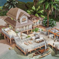 an artist's rendering of a house on the beach with boats and palm trees