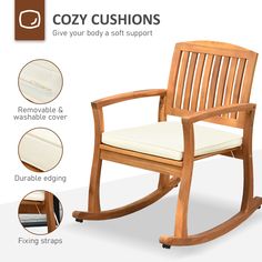 the rocking chair is made from wood and has white cushions