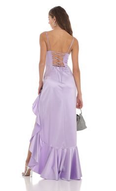 Venus Satin Ruffle Dress in Lavender Pastel Prom Dress, Aliexpress Dresses, Satin Ruffle Dress, Purple Silk Dress, Purple Long Dress, Lavender Prom Dresses, Silk Prom Dress, Prom Dress Inspo, Dresses For Special Occasions