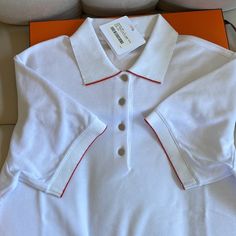 New With Tag, I Bought The Wrong Size Includes Box Designer White Collared Top, Designer White Short Sleeve Tops, Hermes Shirt, Polo For Women, Orange Long Sleeve Shirt, Polo Tee Shirts, Sleeveless Knit Top, Silk Cardigan, Vintage Hermes