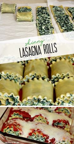 lasagna rolls with spinach, cheese and sauce on top in a casserole dish