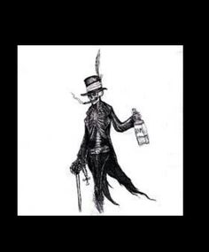 a black and white drawing of a skeleton in a top hat holding a bottle with a knife