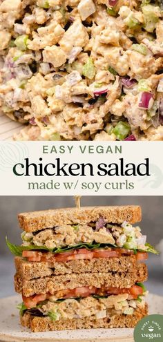 the chicken salad is made with lettuce, tomatoes and cucumbers on toasted bread