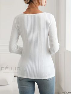 Peilia - Premium Ribbed Square Neck T-Shirt: Stylish Long Sleeve Top for Spring & Fall in Womens Fashion White Ribbed Crew Neck Top, Elegant Fabric, Style Elegant, Square Neck, Long Sleeve Top, Neck T Shirt, Knit Fabric, Long Sleeve Tops, Sleeve Top