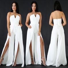 Brand New!! Stunning Strapless V-Neck Jumpsuit With Wide Wrap Legs White Backless Jumpsuits And Rompers For Date Night, White High Waist Jumpsuits For Night Out, White High Waist Jumpsuits And Rompers For Night Out, White High-waist Jumpsuits And Rompers For Night Out, White Strapless Jumpsuits And Rompers For Date Night, White One-piece Jumpsuit For Night Out, White High-waisted Strapless Jumpsuit For Night Out, Fitted Split Jumpsuits And Rompers For Party, Fitted Jumpsuits And Rompers With Split For Party