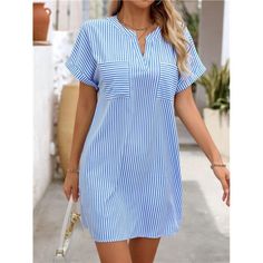 -Item Id 38211519 -Details: Pocket -Neckline: Notched -Sleeve Type: Batwing Sleeve -Style: Casual -Type: Tunic -Waist Line: Natural -Hem Shaped: Straight -Color: Blue And White -Pattern Type: Colorblock, Striped -Sleeve Length: Short Sleeve -Length: Short -Fit Type: Loose -Fabric: Non-Stretch -Material: Woven Fabric -Composition: 95% Polyester, 5% Elastane -Care Instructions: Machine Wash, Do Not Dry Clean,Wash With The Soft Detergent -Sheer: No **Open To Offers!!!** **Bundle To Save More** **30 Striped V-neck Mini Dress For Work, Blue Dresses With Notched Neckline, Summer Workwear Mini Dress With Notched Neckline, Summer Office Dresses With Notched Neckline, Summer Mini Dress With Notched Neckline For Work, Casual V-neck Office Dress, Blue Split Neck Dress For Daywear, Summer Workwear Light Blue Mini Dress, Blue Short Sleeve Mini Dress For The Office