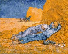 a painting of a man laying on the ground in front of a hay bale