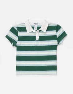 RSQ Girls Rugby Stripe Polo Shirt Preppy Green Tops For Summer, Preppy Green Top For Summer, Green Short Sleeve Preppy Tops, Preppy Green Short Sleeve Tops, Rugby Shirts Women, Green Short Sleeve Polo Shirt With Striped Collar, Striped Rugby Shirt, Green Short Sleeve T-shirt With Contrast Stripes, Wwe T Shirts