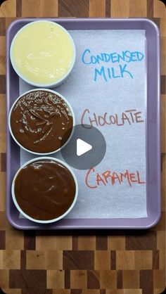 three different types of chocolates and caramel on a tray with the words condenseed milk