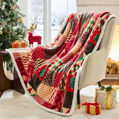 a living room with a christmas tree and presents