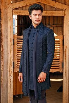 Shop for Vanshik Blue Silk Embroidered Sherwani Set for Men Online at Aza Fashions Jodhpuri Suit For Men Engagement, Navy Blue Sherwani For Men, Full Suits For Men Wedding, Wedding Outfit For Grooms Brother, Kurta With Dupatta Men, Blue Sherwani Groom, Blue Kurta Men, Sangeet Outfit For Men, Navy Blue Sherwani