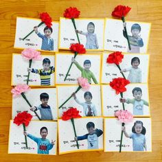 several pictures of children holding flowers on top of a wooden table with red and pink carnations