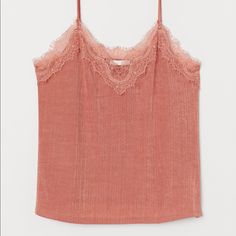 Nwt Burnt Orange/Pink Color Lace Trim At The Chest Spaghetti Straps Slight Ribbed Pattern Perfect To Wear Tucked Into Jeans! Very Soft Pink Casual Party Camisole, H&m Spring Cami Tops, H&m Pink Sleeveless Top, H&m Pink Summer Tops, Summer Pink H&m Tops, H&m Blouse, Brown Crop Top, Lace Vintage, White Lace Top