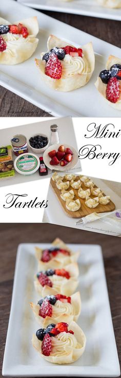 several different types of desserts on plates with the words, mini berry tarts