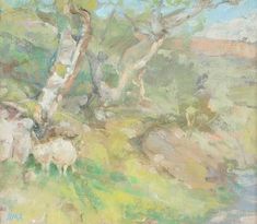 an oil painting of sheep grazing under a tree