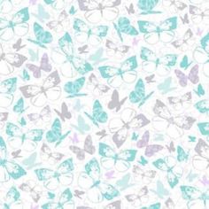 a white and blue wallpaper with butterflies on it's back ground, all in pastel shades