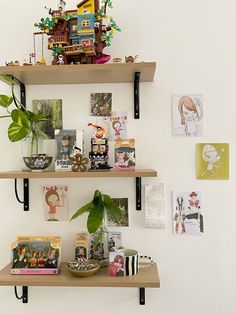 three wooden shelves with pictures and plants on them