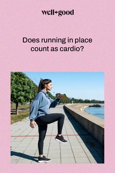 a woman in black leggings and a pink background with the words, does running in place count as cardio?