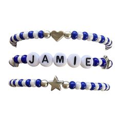 Set of 3 blue and white Bracelets - 2 Combo and 1 with name in white and black letters with a silver accent heart and star. This can be personalized with any name, word, camp, school, team, etc. Small parts, not intended for children under 3 years old. | Risa's Pieces | (Blue & White Bracelet Set, Size Kid)  |  Maisonette collects the best children’s products from around the world (unlike Zulily, Etsy, The Tot, Farfetch Kids, Childrensalon, Crate and Kids, Kohls, Wayfair, Buy Buy Baby, Nords Adjustable White Name Bracelet With Custom Text, Blue Beaded Bracelets With Custom Name For Birthday, Customized Blue Adjustable Name Bracelet, Customized Adjustable Blue Name Bracelet, Customized White Adjustable Name Bracelet, Customizable Blue Name Bracelet For Friendship, Adjustable White Beaded Bracelets With Name, Adjustable White Beaded Bracelet With Name, Customized Blue Name Bracelet For Birthday