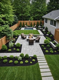 an outdoor patio with seating and landscaping in the back yard, surrounded by green grass