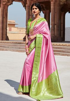 Silk Saree with blouse in Pink colour 1452 Desc: Color : Pink Fabric : Silk Wash Care : Dry clean Sleeve Style : Half Sleeve Long Sleeves : Done only in Custom Stitch Sleeves Lining : Done only in Custom Stitch Bust Size : 32 to 42 Inches Occasion : Temple Wear Social Gathering Pongal Gudi Padwa Onam Ugadi. With Express Free Shipping Buy Indian Party wedding wear Bridal Sarees Silk Saree with blouse in Pink colour 1452 online in USA, UK and Canada from KollyBollyEthnics.com Pink Sari With Contrast Blouse, Baby Pink Saree Contrast Blouse, Green With Pink Silk Saree, Pink And Green Saree, Designer Blouses Online, Carnation Pink, Designer Silk Sarees, Indian Sarees Online, Wedding Saree Indian