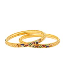 The colorful Meenakari details on this lovely set of 22k yellow gold bangles will bring an air of cultural sophistication to any woman who adorns them. Features • 22k yellow gold • Enamel • Meenakari pattern • Set of two (2) bangles Virani Jewelers is a premier gold Indian jewelry store in the New Jersey, USA specializing in 22k gold designs. We offer a wide selection of beautiful traditional Indian gold jewelry and western style pieces. Shop with us for more fine Indian jewelry like this set of Gold Indian Jewelry, Indian Gold Jewelry, Yellow Gold Bangle, Gold Designs, Gold Jewelry Indian, Bangle Set, Gold Enamel, Traditional Indian, 22k Gold