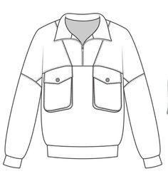 an illustration of a jacket with pockets on the front and back, shown in black and white