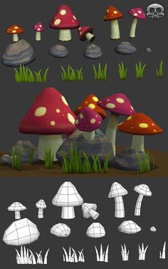 various mushrooms and grass in different positions