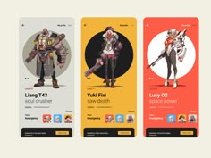 three mobile game cards with characters in different poses and colors, one for each character