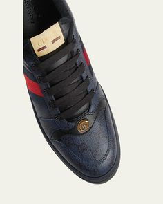 Gucci "Screener" 70sinspired lowtop sneakers in GG Supreme canvas and leather    Features blue and red web stripes on the sides    Flat heel    Round toe    GG logo detail    Laceup vamp    Tongue with label    Fabric lining    Padded collar    Leather backstay with logo    Rubber outsole    Made in Italy Gucci Casual Blue Sneakers, Blue Low-top Gucci Sneakers, Gucci Low-top Luxury Sneakers, Gucci Screener, Gucci Low-top Sneakers With Logo, Gucci Low-top Custom Sneakers For Streetwear, Red Web, Gg Logo, Gucci Men