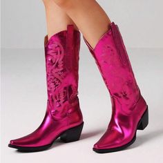 Look Edgy And Be Trendy With These Western Cowboy Heel Boots That Bring A Hint Of The Wild West. The Perfect Blend Of Style And Comfort, These Boots Feature Snug Faux Leather Uppers That Keep Your Feet Secure While Ensuring Breathability. The Insole And Rubber Outsole Keep Your Feet Cushioned, Providing Extra Durability And Enhanced Traction Control. Style It Up With Denims Or Skirts And Get Ready To Rock Your Every Look! -Western -Trendy -Cowboy Heel Boots . All Items Come From Clean,Pet Free, Pink Flat Heel Boots For Party, Western Style Party Boots With Flat Heel, Western Style Flat Heel Party Boots, Cowboy Fashion, Ugg Classic Mini Ii, Pink Cowboy, Bota Country, Fringe Heels, Chunky Heel Booties