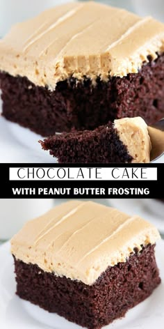 there is a chocolate cake with peanut butter frosting on the top and bottom half