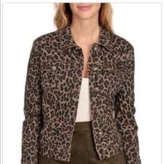 -Nine West - Size Small - New With Tags - Smoke Free Environment Brown Cotton Outerwear, Casual Leopard Print Outerwear With Pockets, Casual Leopard Print Outerwear For Work, Fitted Brown Casual Utility Jacket, Fall Leopard Print Outerwear With Pockets, Leopard Print Button-up Outerwear For Fall, Trendy Brown Utility Jacket For Workwear, Jean Jacket Styles, Animal Print Jeans