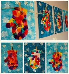 several pictures of handprints hanging from clothes pins on a line with snowflakes in the background