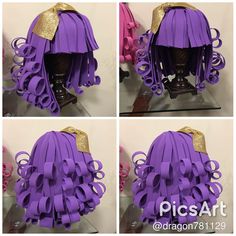 four pictures of purple hair with gold trims and bows on it, all in different stages of being cut